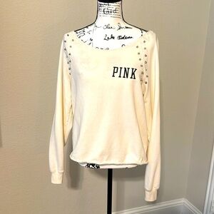 Victoria’s Secret PINK crème color, studded, off-shoulder sweatshirt
